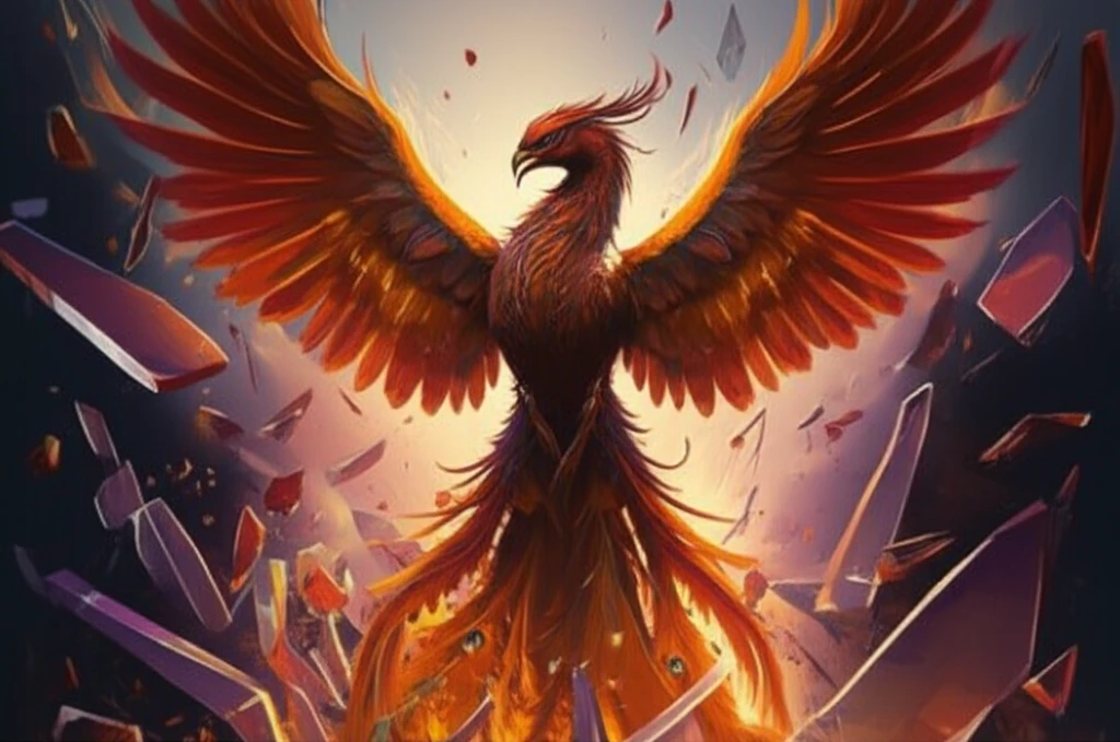Phoenix rising from shattered glass, symbolizing resilience.