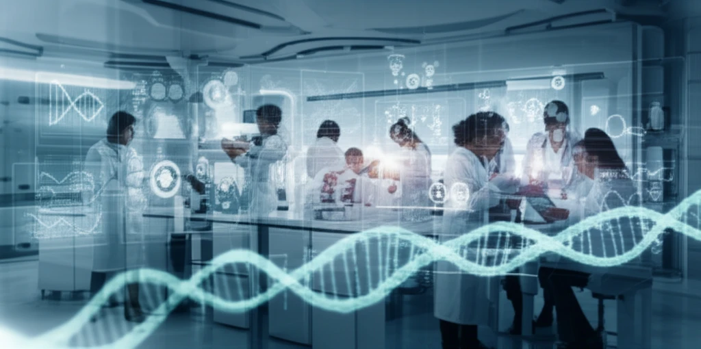 Diverse medical students collaborate on research in a futuristic lab, symbolizing the integration of research and audit skills in medical education.