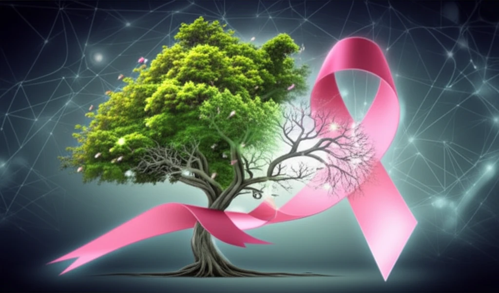 Breast cancer ribbon transforming into a tree with glowing lymph nodes