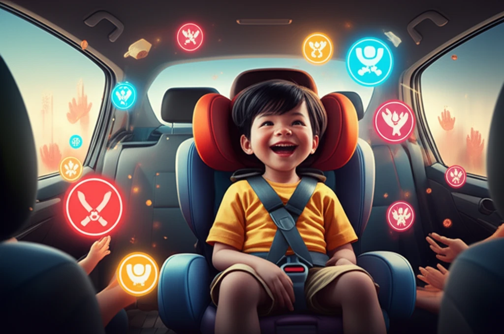 A child secured in a car seat represents child passenger safety.