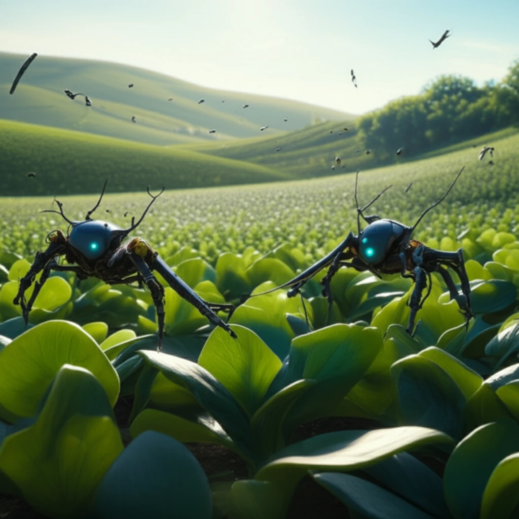 Futuristic, sustainable pest control with selective robots in a green landscape.