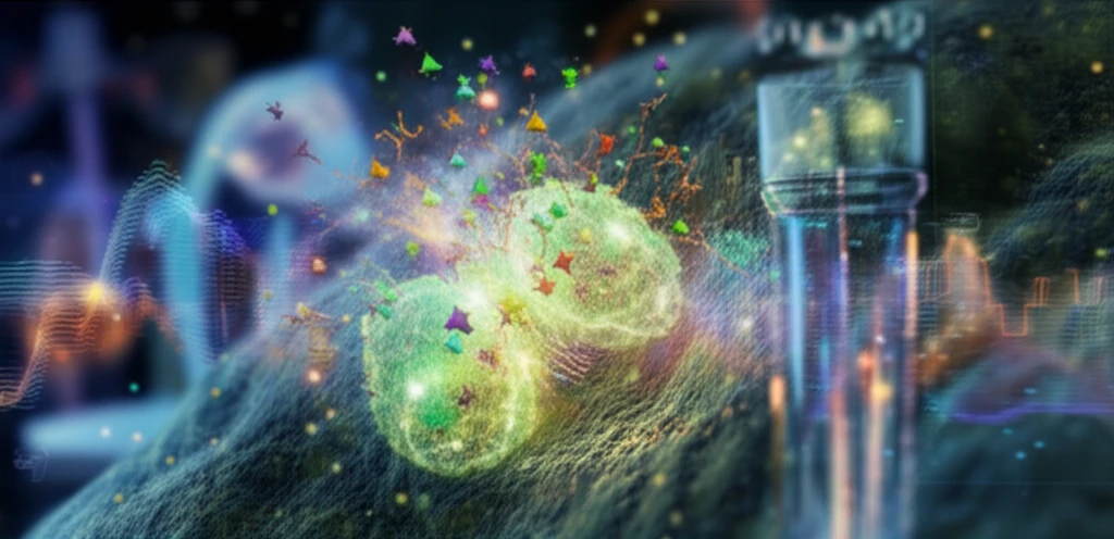 Microscopic view of a cell with glowing proteins.