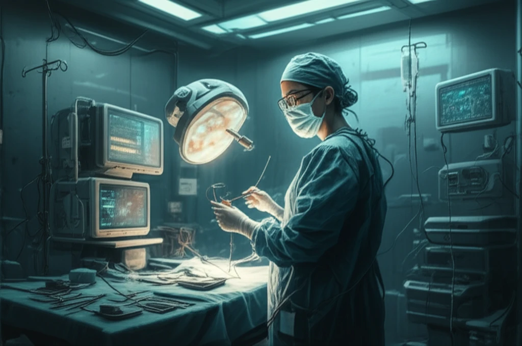 Medical student performing surgery in futuristic OR.