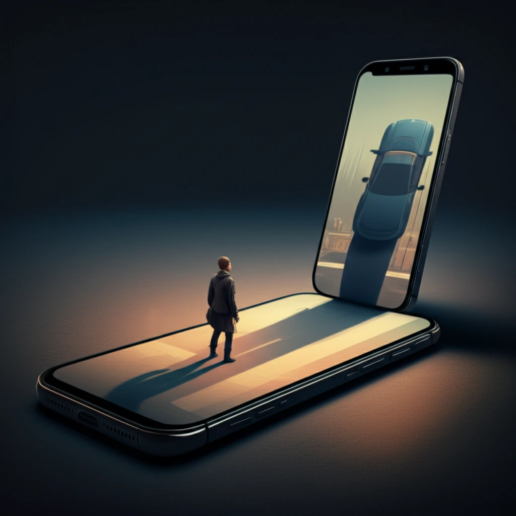 A dangerous shadow of a car looms over a pedestrian, symbolizing the threat of distracted driving.
