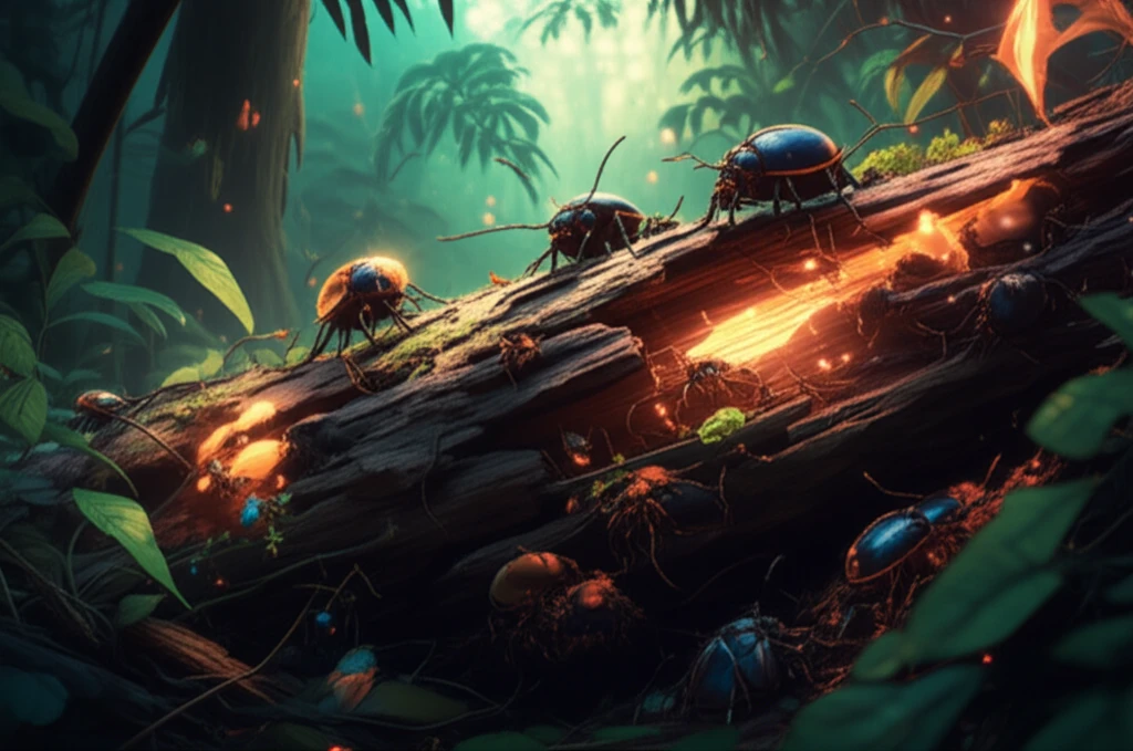 Bioluminescent Passalidae beetles decomposing a log in a vibrant Amazon rainforest.