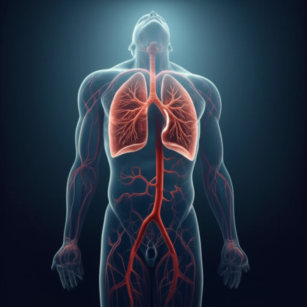 Surreal illustration linking fainting to pulmonary embolism, showing interconnected blood vessels forming a lung.