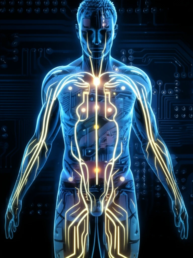 Glowing meridian lines on a human body merged with circuit board pattern.