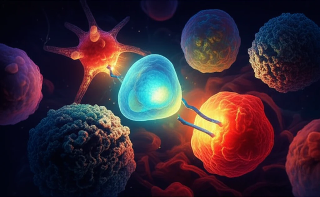 Immune cells attacking lung cancer cells with Atezolizumab molecule.