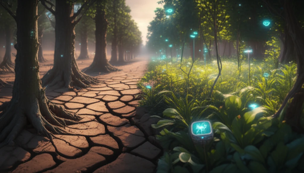 A vibrant garden scene illustrating the transformation from drought to lushness through advanced water management.