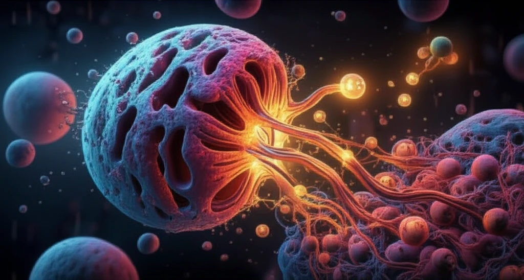 Illustration of LC3 proteins relocating to damaged Golgi apparatus, symbolizing cellular repair.