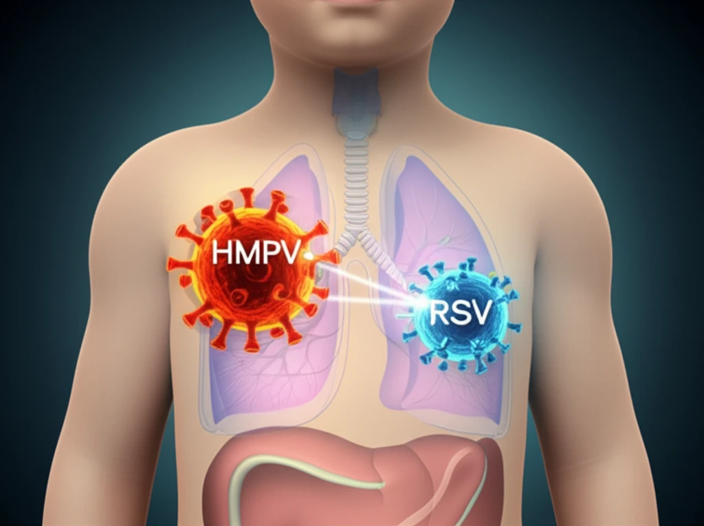 Stylized viruses representing HMPV and RSV interacting in a child's respiratory system.