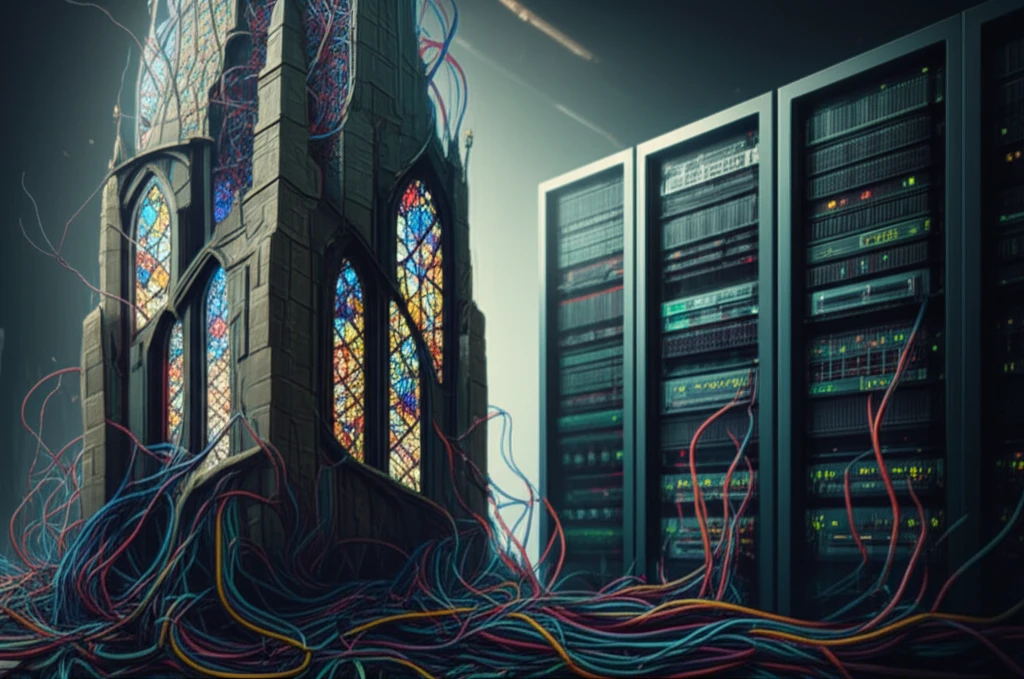 Church steeple transforming into a server rack, symbolizing IT cost reduction for nonprofits.