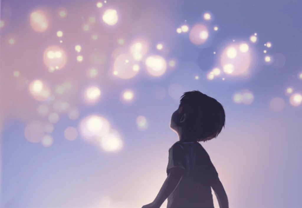 Child looking at a sky filled with glowing orbs.