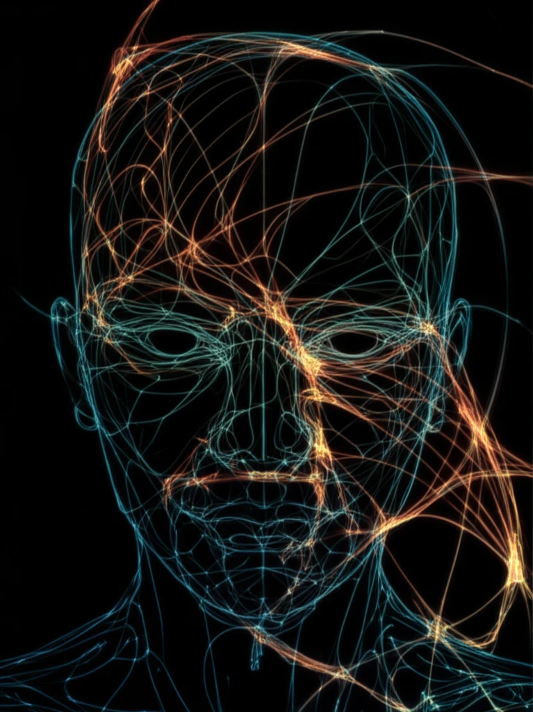 Interconnected neural networks forming a human face, symbolizing empathy and understanding.