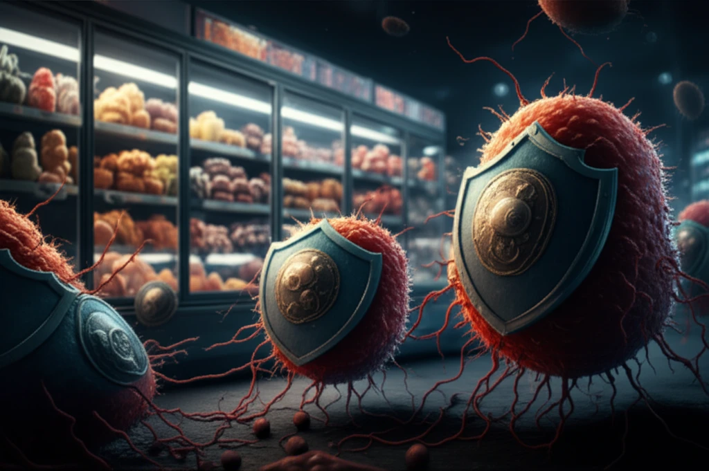 Microscopic bacteria wearing shields in a refrigerated food display, symbolizing bacterial resilience and adaptation in food preservation.