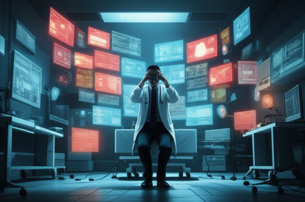 Overwhelmed doctor in futuristic hospital, alert fatigue.