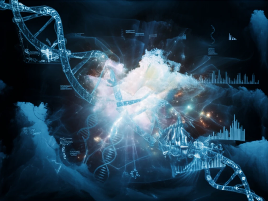 DNA strands floating in a vibrant, swirling cloud representing cloud computing genomics.