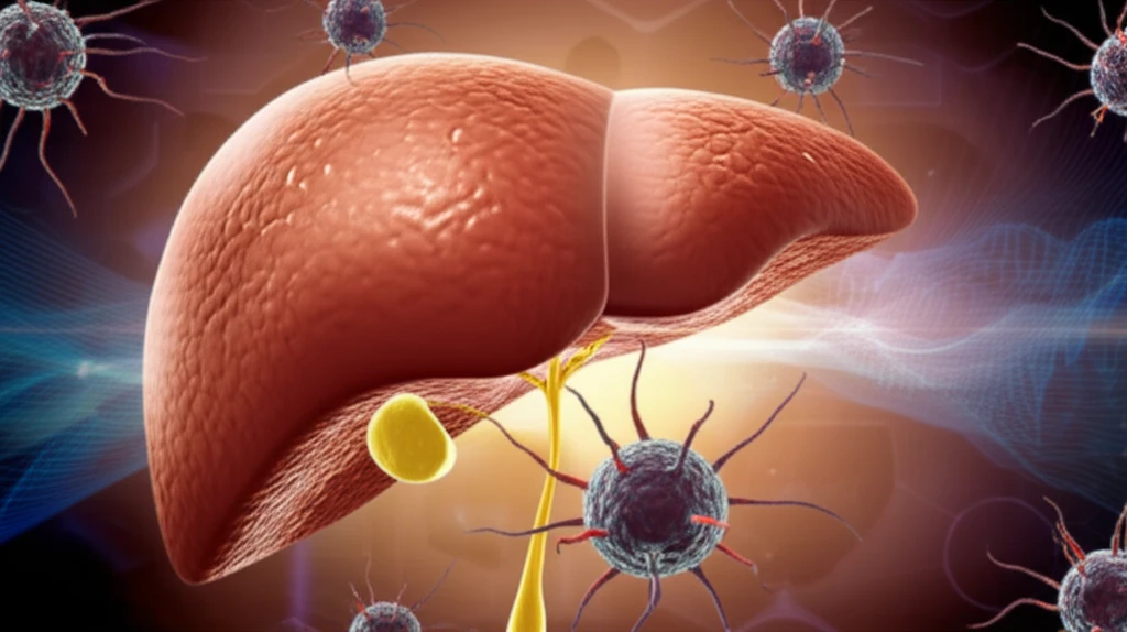 Abstract illustration of liver cells battling cancer cells, symbolizing hope and medical intervention for hepatocellular carcinoma.