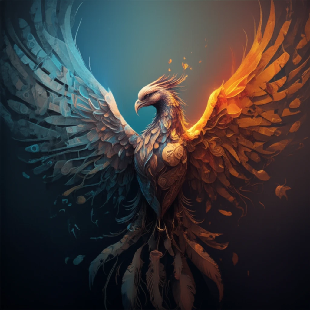 Phoenix rising from shattered immune system, representing stem cell transplant success.