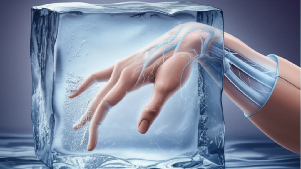 Hand emerging from ice block, representing relief from cold intolerance after hand surgery.