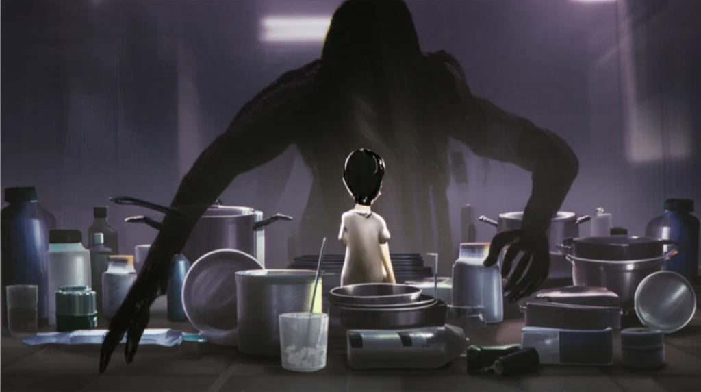 Anxiety symbolized as a dark figure looming over a person surrounded by aluminum products.