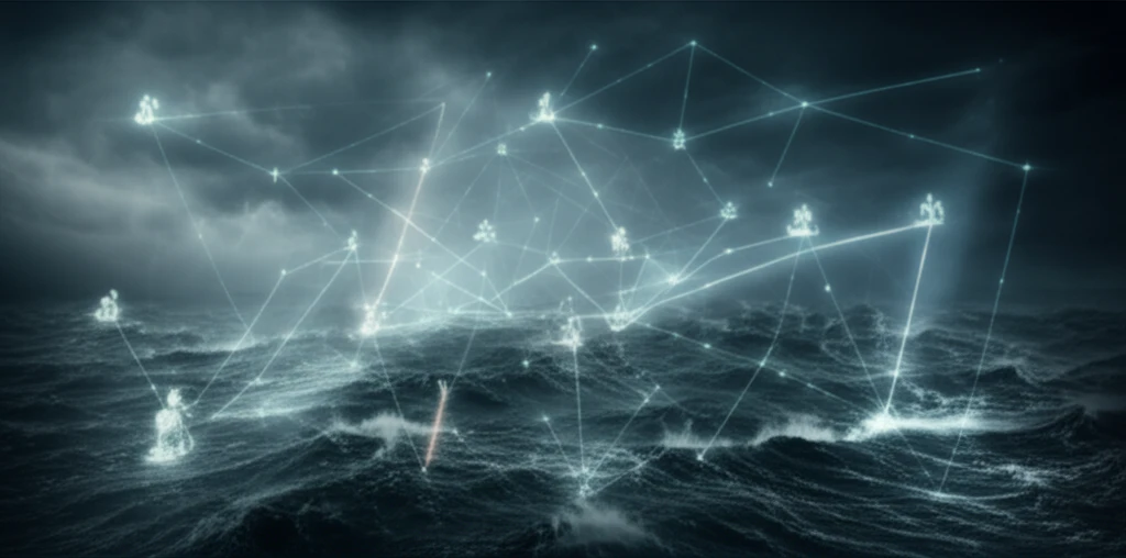 Network of interconnected nodes above a stormy sea.