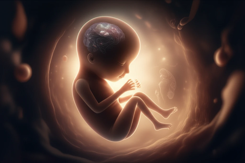 Surreal illustration of a fetus in a protective womb, symbolizing neural development and hope in prenatal care.
