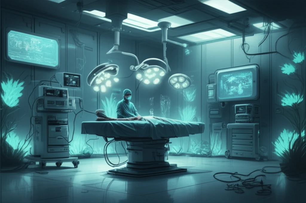Futuristic operating room with advanced technology and natural elements, symbolizing the future of anesthesia.