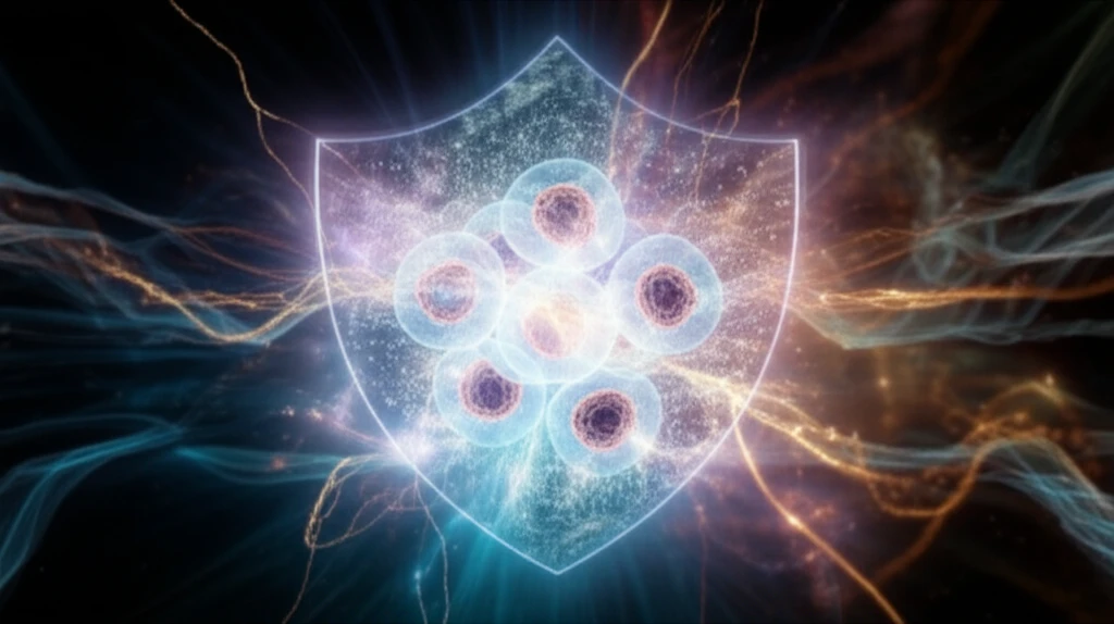 Glowing shield protecting human cells from radiation.