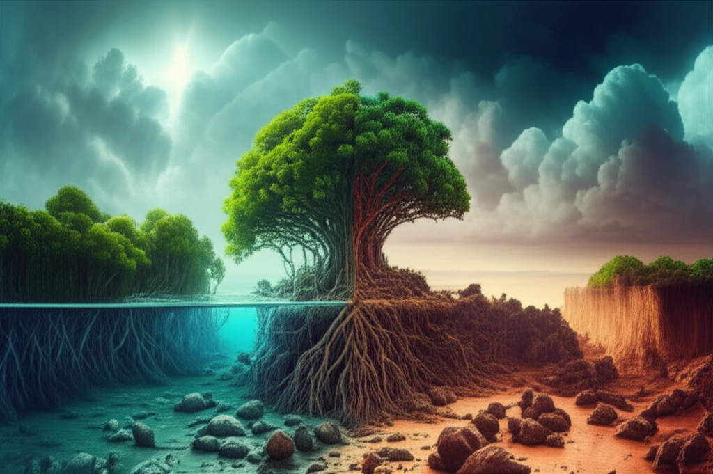 Image representing the contrast between mangrove forest preservation and coastal erosion.