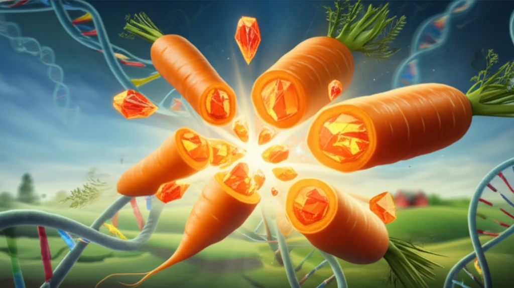 Surreal image of orange carrots with glowing carotenoids, representing scientific discovery and agricultural abundance.