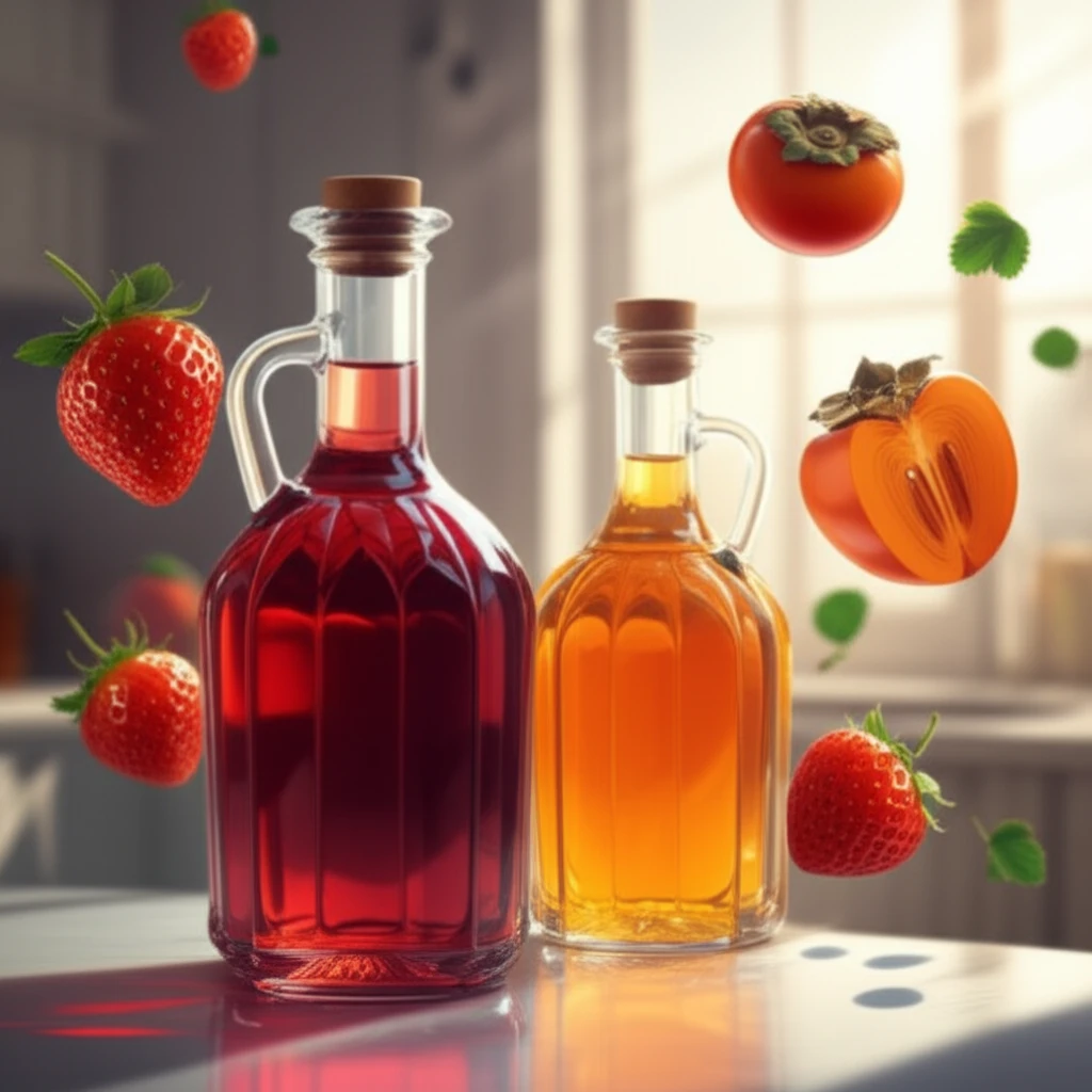 Homemade fruit vinegars made from strawberry and persimmon.