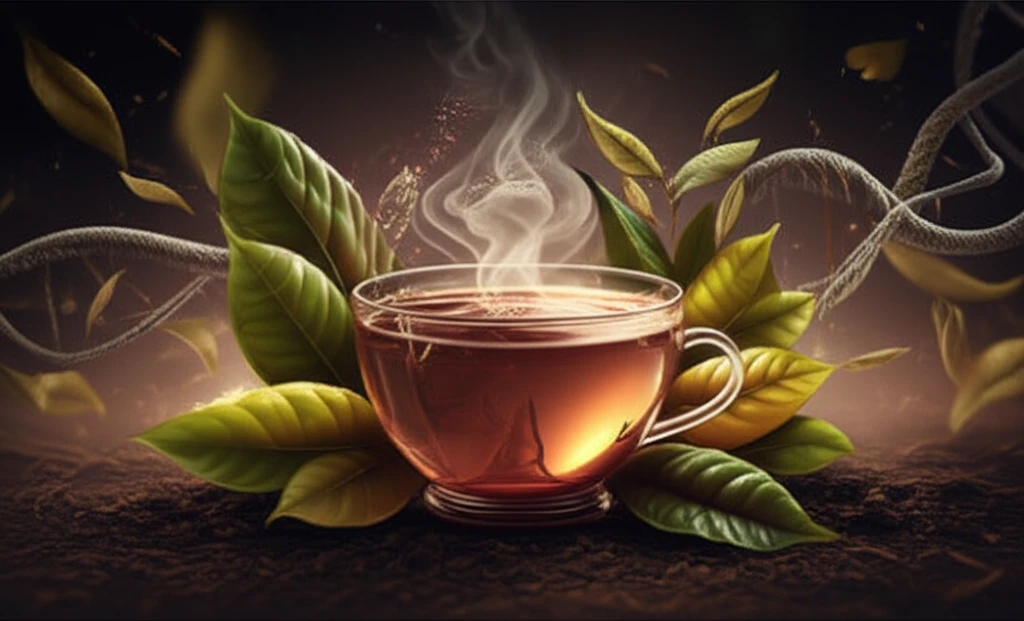 A cup of cocoa tea with glowing leaves and DNA strands representing its health benefits and genetic makeup.