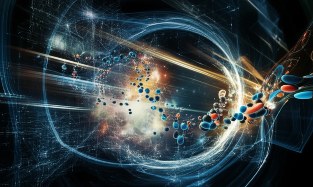Particles accelerate through a tunnel, representing advancements in medicine and technology.
