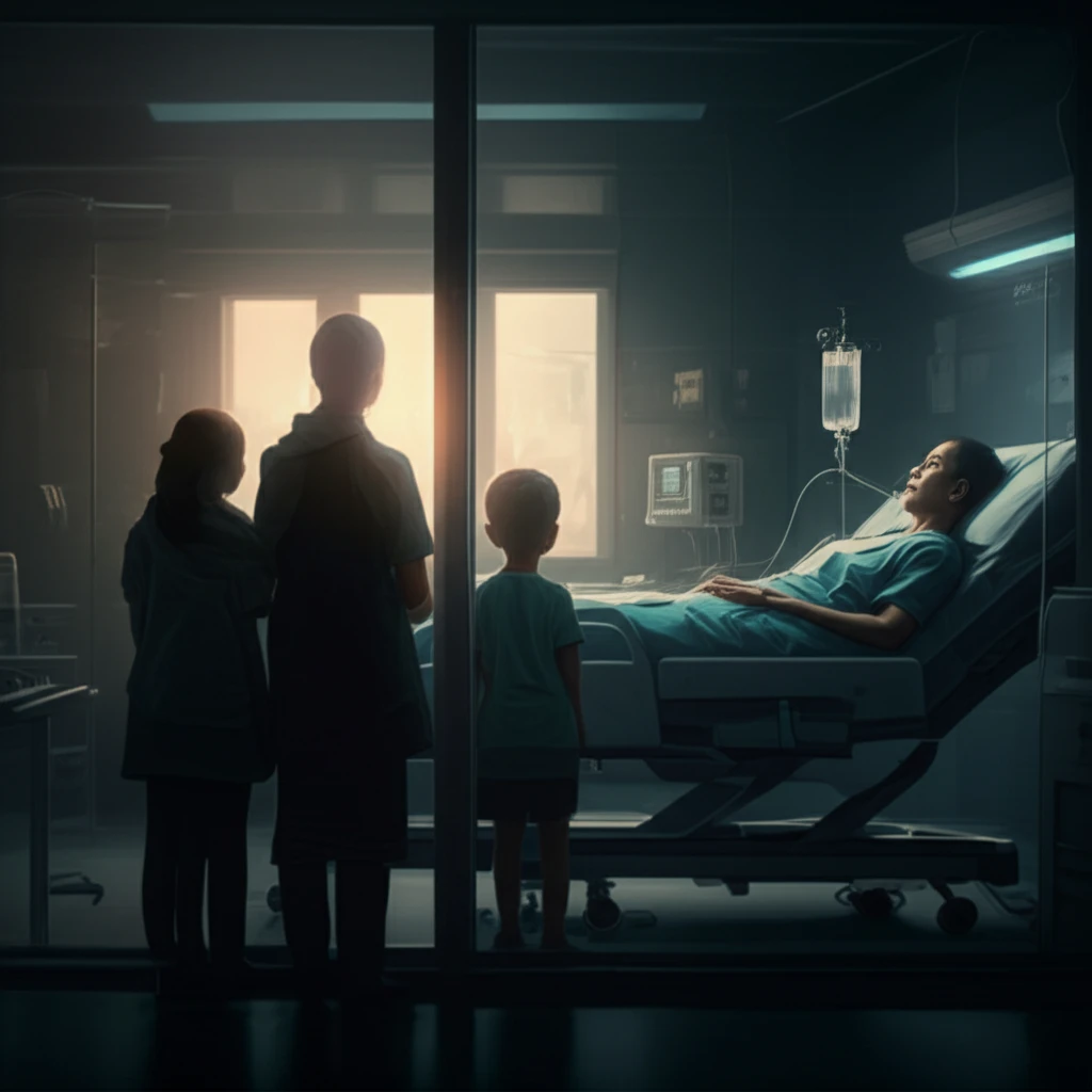 Family looking through a window at a patient on a ventilator.