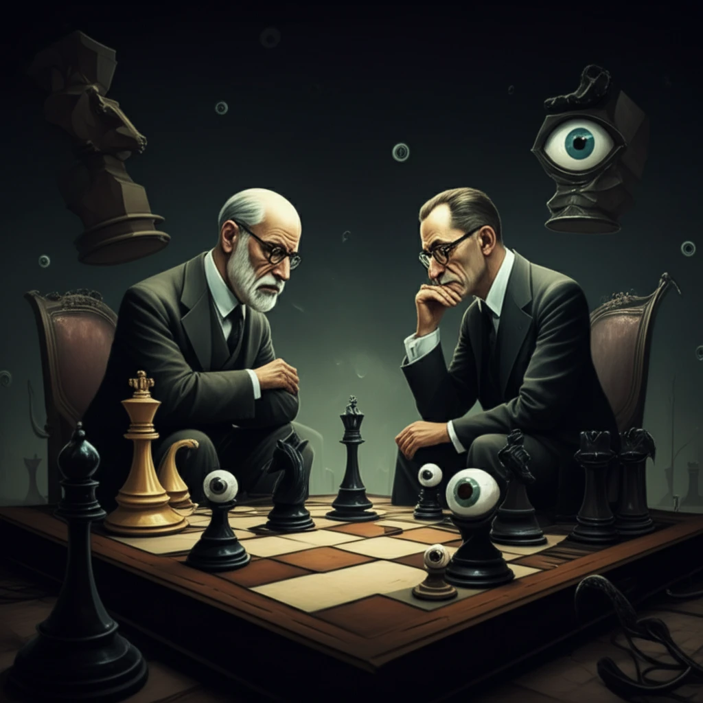Surreal illustration of Freud and Lacan playing chess, symbolizing psychoanalytic concepts.