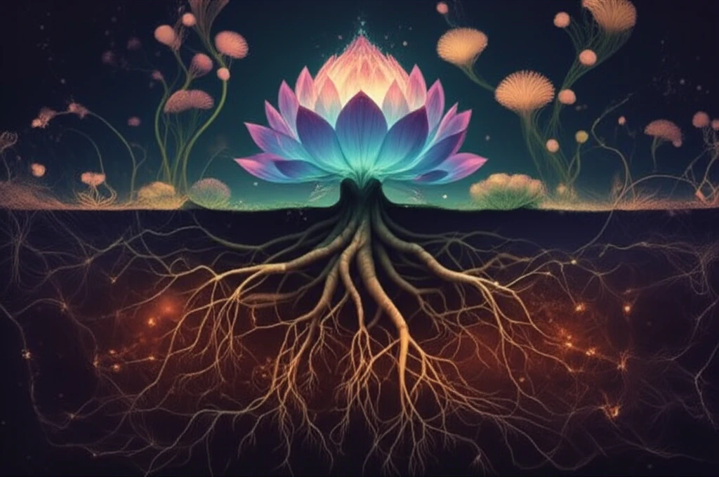 Plant roots communicating with glowing fungal networks.