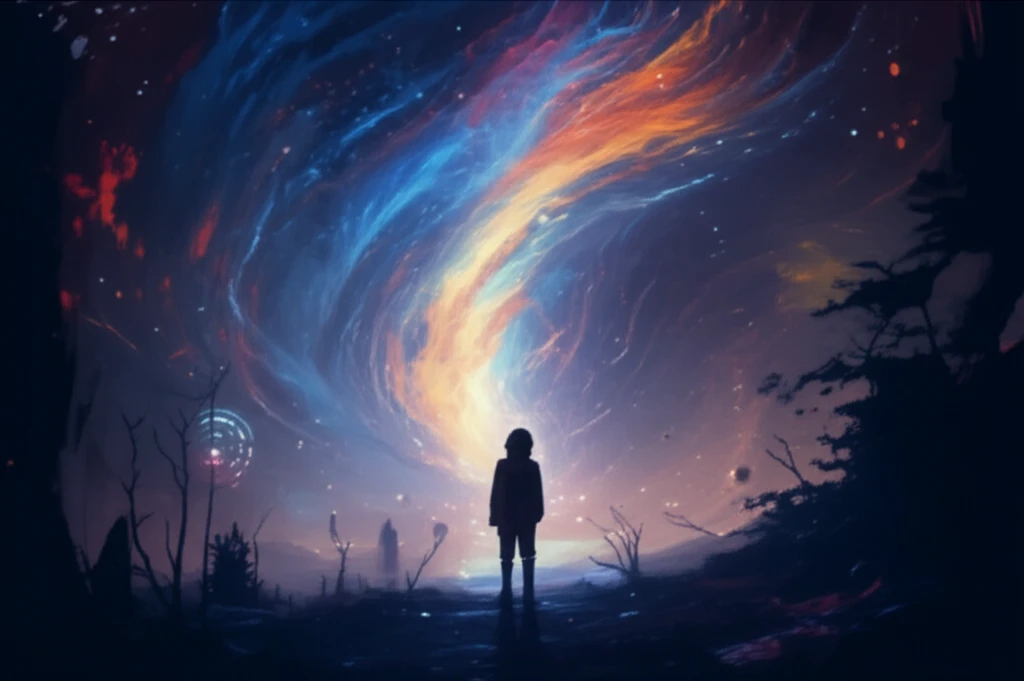 A person gazing at a vortex of light in the night sky, symbolizing anomalous experiences and mental exploration.