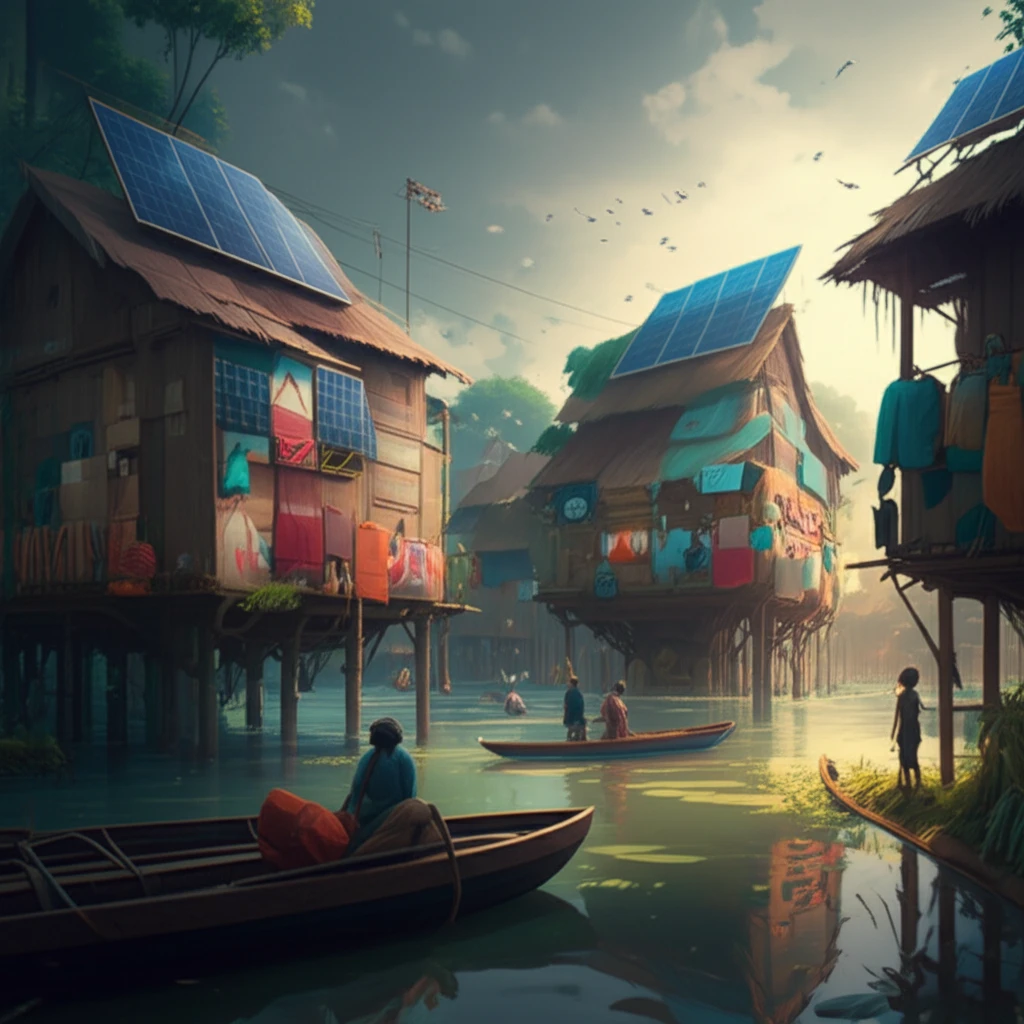 Resilient village adapting to floods with sustainable solutions.