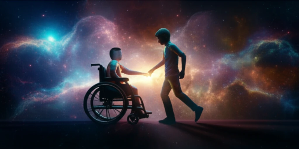 Two siblings, one with a disability, reaching for each other's hands, symbolizing connection and support.
