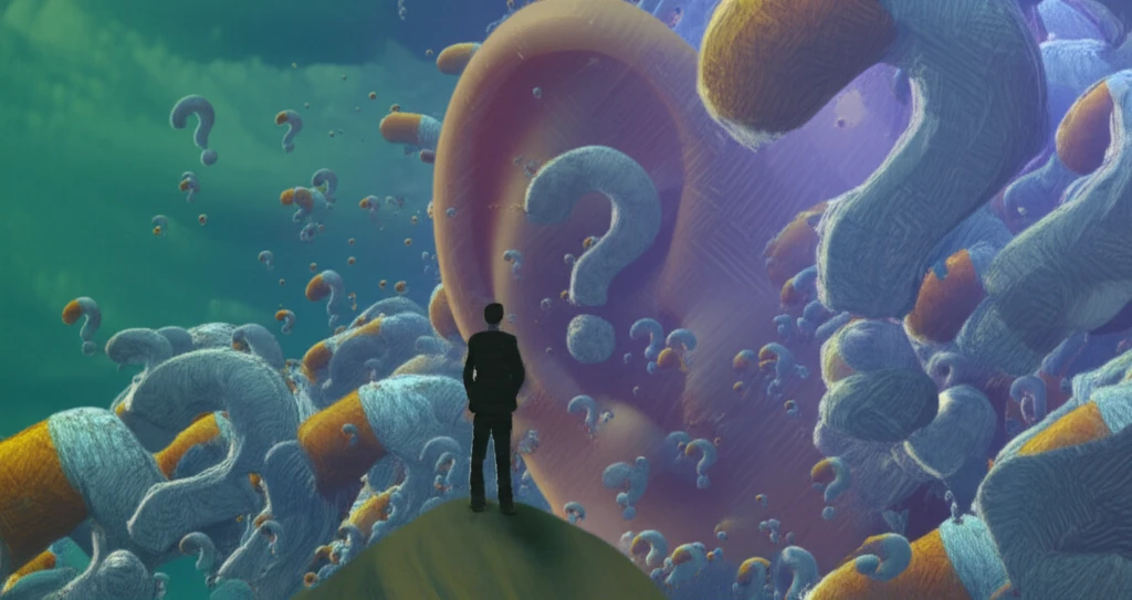 Surreal illustration of a young person listening to medication advice.