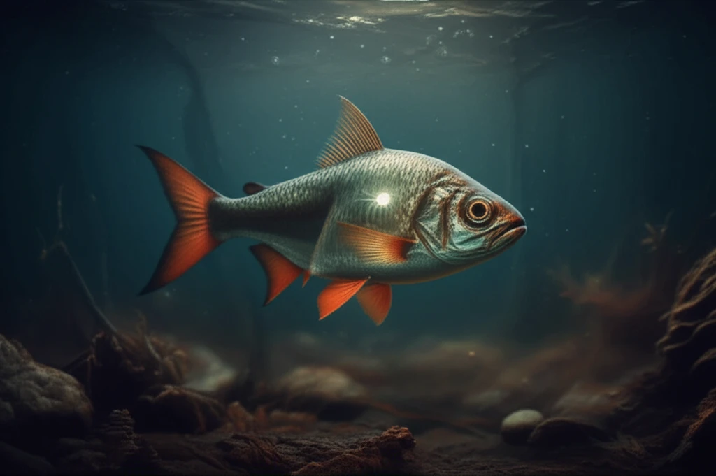 A fish swimming in polluted water with a glowing parasite, symbolizing aquatic pollution.