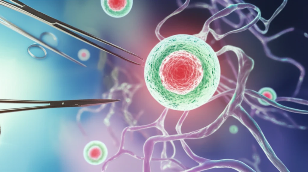 Digital illustration of lymphocytes with surgical tools in background, symbolizing NHL treatment.