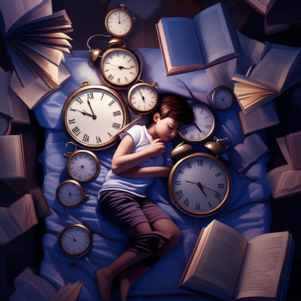 Surreal illustration of a student's sleep disrupted by academic pressures.