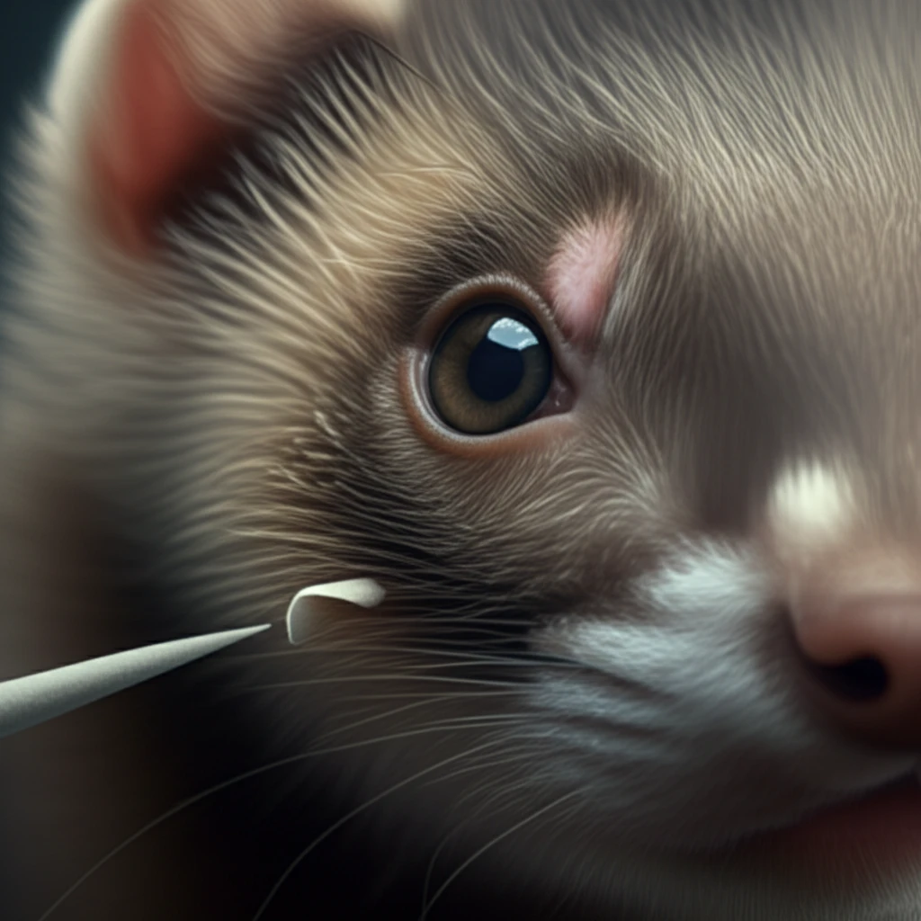Close-up of a ferret's eye with a paper point, symbolizing tear production measurement.