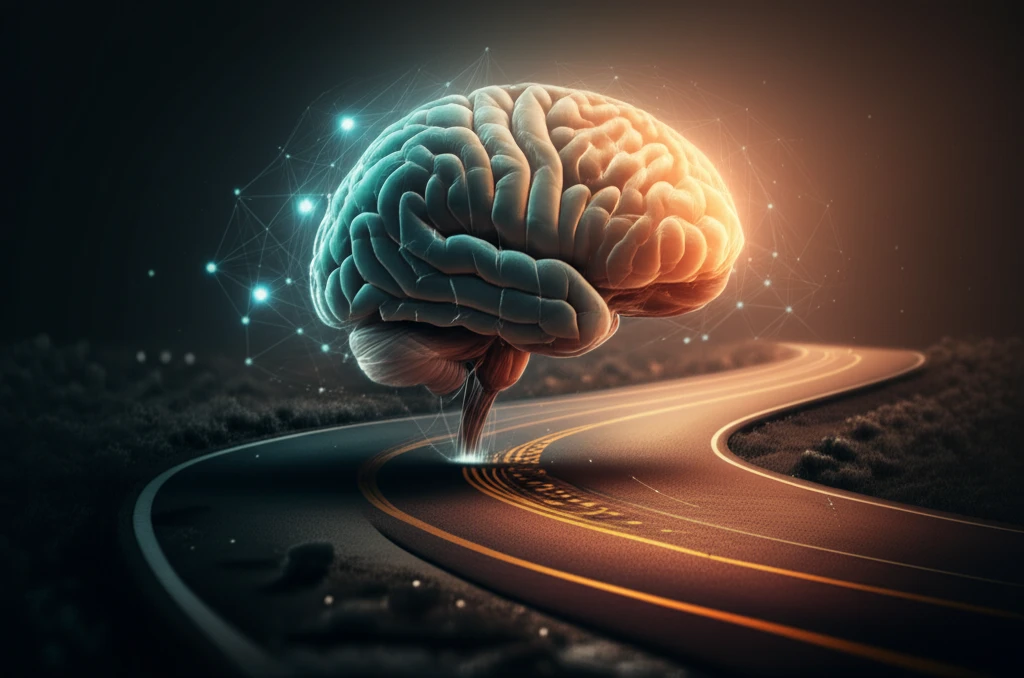 Winding road transforming into a brain, symbolizing psychological recovery after a car accident.