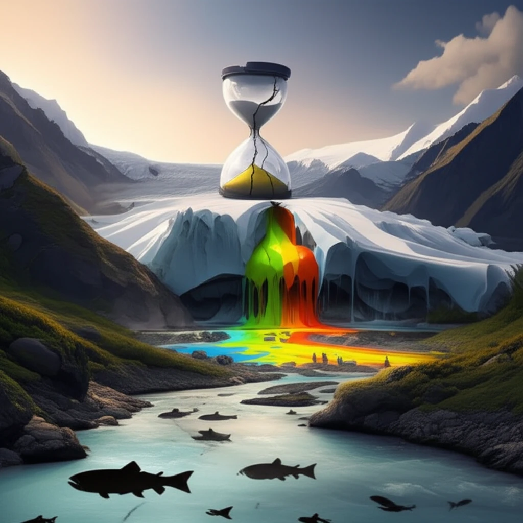 Melting glacier releasing toxins into a stream flowing towards a remote community.