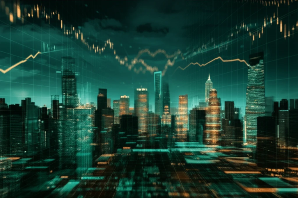 Chinese cityscape blending with stock charts and graphs