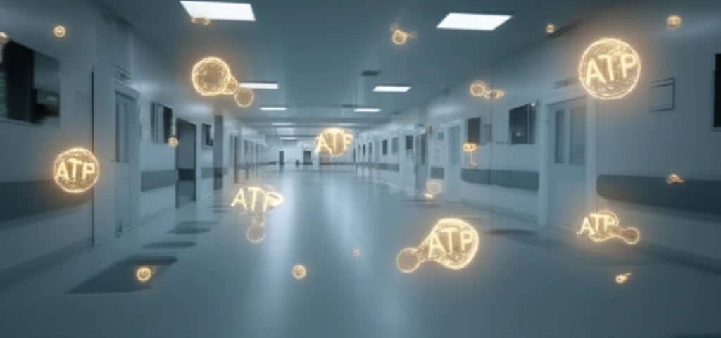 Surreal illustration of a hospital hallway with ATP molecules highlighting surface contamination.