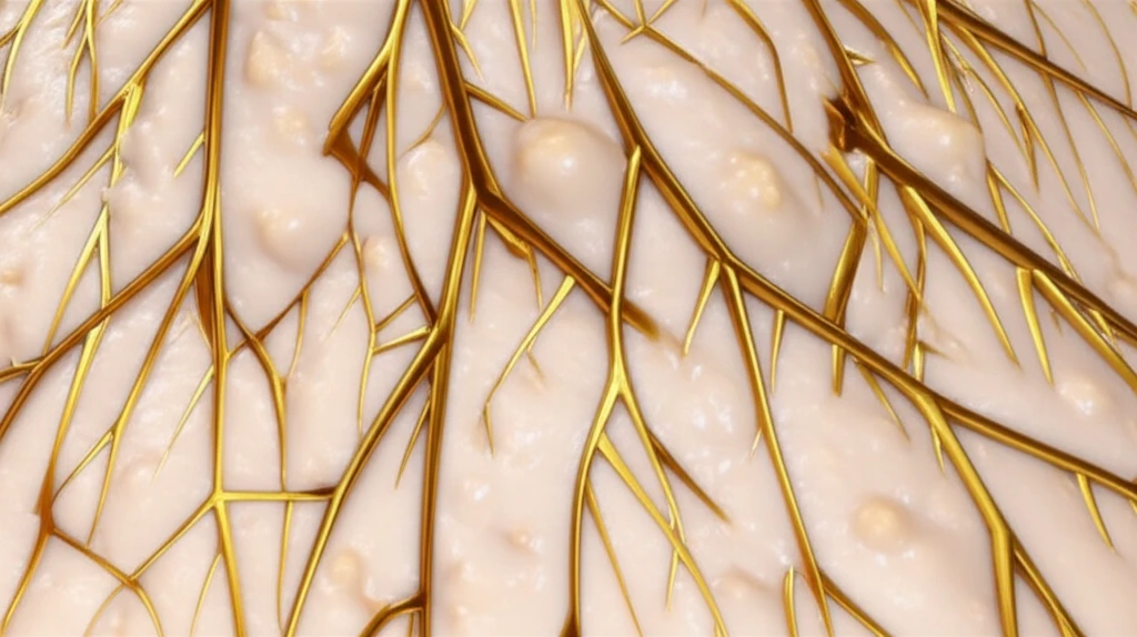Close-up illustration of skin with fragmented elastic fibers and small, yellowish-white papules.